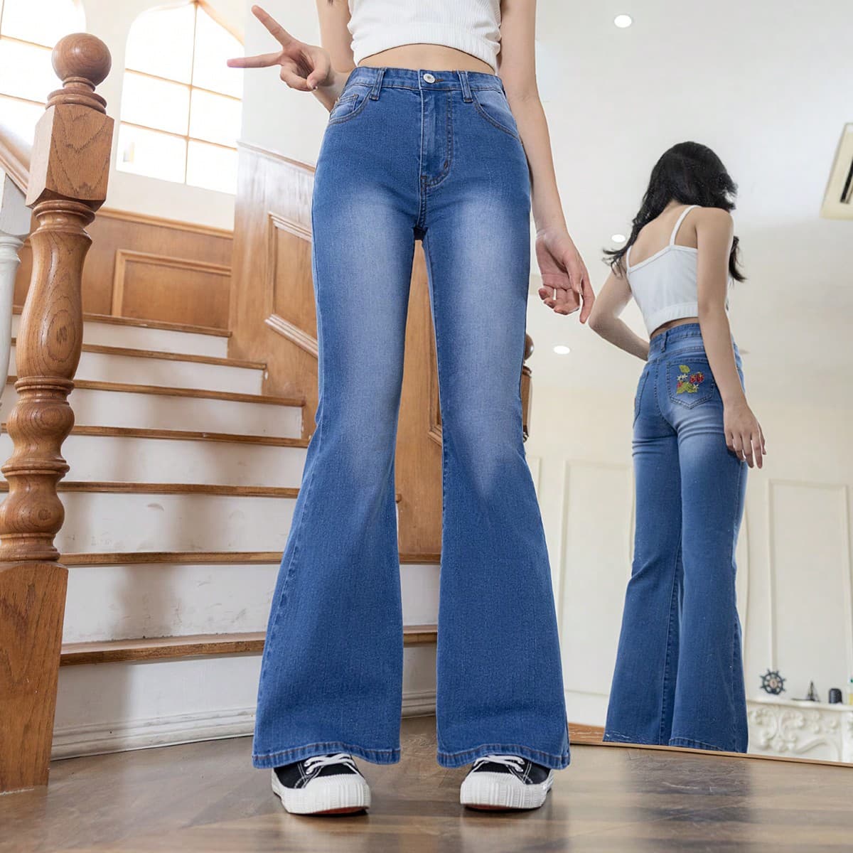 Jean Ã©vasÃ© en denim lavÃ© brodÃ© nouvelle mode dÃ©contractÃ©e pour fille prÃ©-adolescente avec poches arriÃ¨re