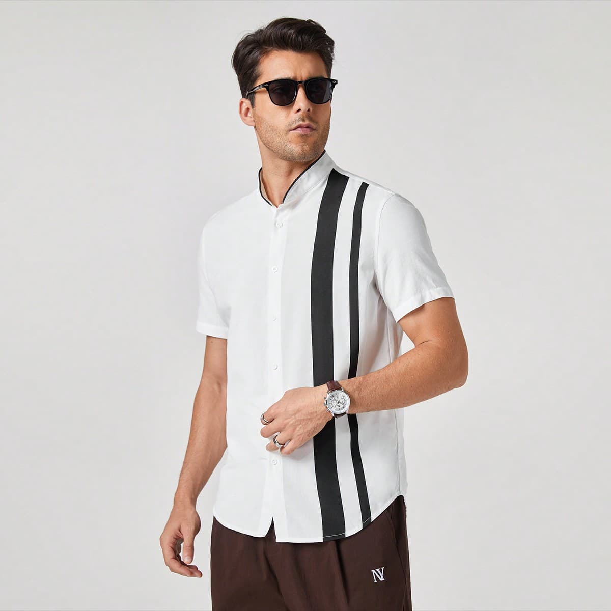 Nouvelle chemise dÃ©contractÃ©e pour hommes Ã manches courtes et col polo tissÃ© imprimÃ© rayÃ©, coupe rÃ©guliÃ¨re, idÃ©ale pour le printemps et