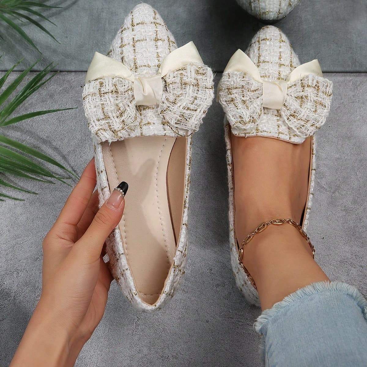 Nouvelles Chaussures Plates Pour Femmes En Tissu Tissé Rose Doré Avec Nœud Papillon Pour Extérieur, Bout Pointu À Bouche Peu Profonde Et Semelle