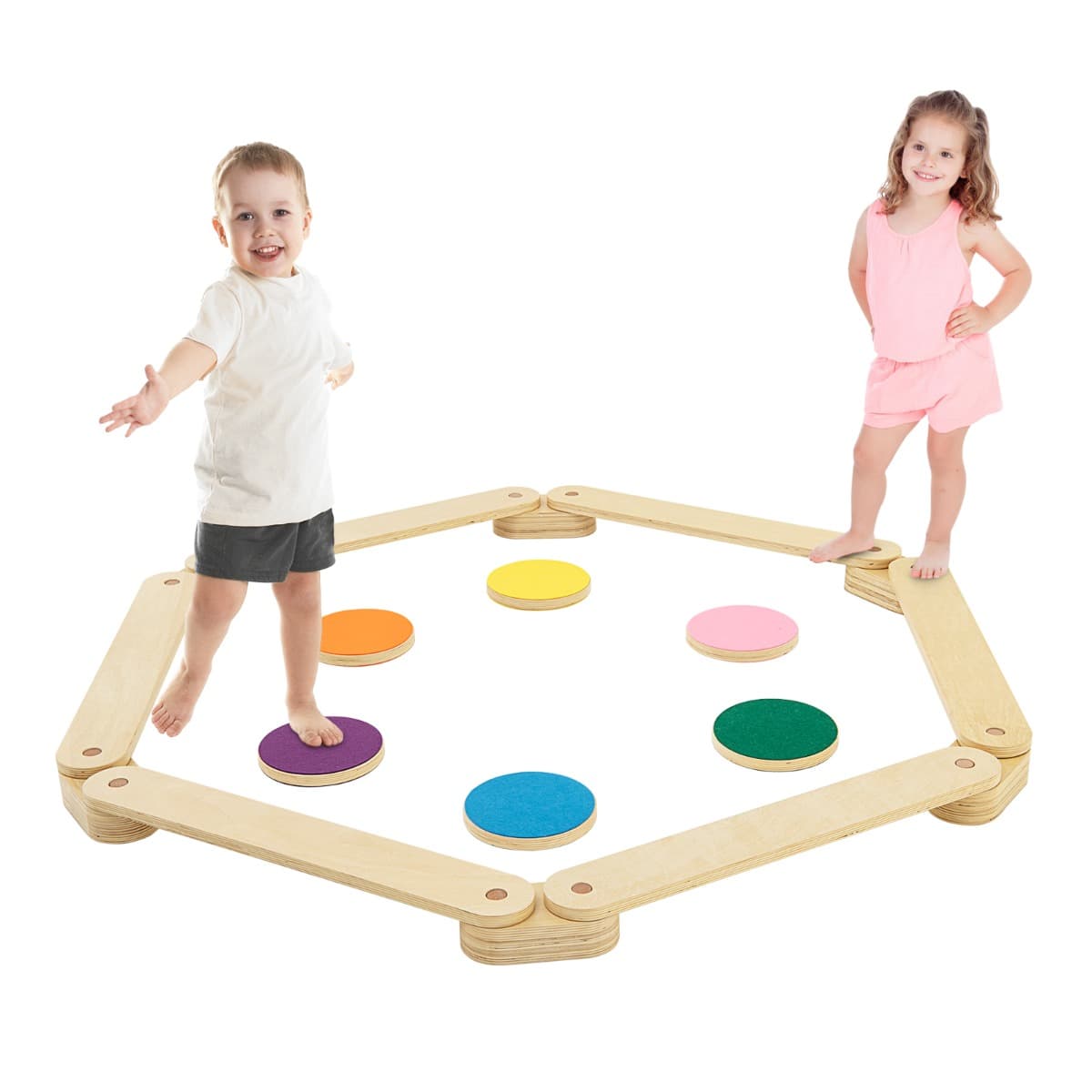 CostwayPoutre d'Equilibre en Bois Enfants avec Pierre de Marche Parcours d'Obstacles de Gymnastique pour Enfants de 3-7 Ans